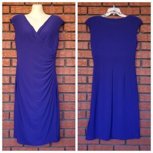 Lauren Ralph Lauren Sleeveless Sheath Dress Sz 4 Blue Ruched Faux Wrap Midi